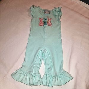 Three Sisters Mint Green Ruffled Romper With 3 Appliqued Bunnies